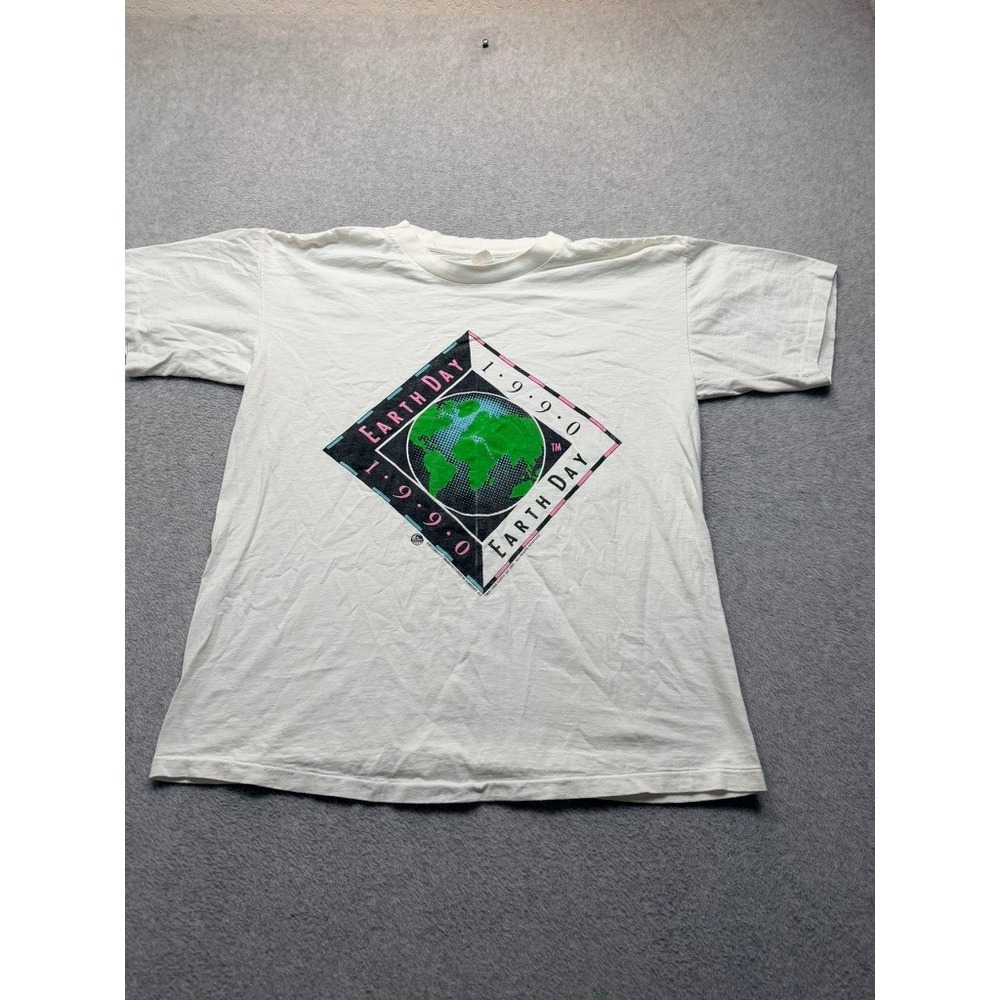 Vintage Earth Day 1990 T Shirt Single Stitch White Graphic Tee Large Funstuff NY